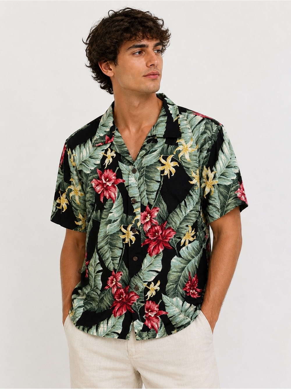 True Hawaiian Shirt Mens Size M Tropical Floral Collar Vacation Aloha Button Up